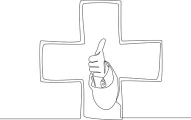 Simple continuous line drawing gesturing approval expression doing okay symbol with fingers sign on medical cross. Symbol medicine. Vector illustration.