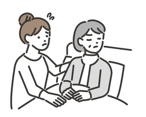 若い女性がシニアの介護に困るベクターイラスト素材／車椅子／高齢者／福祉士