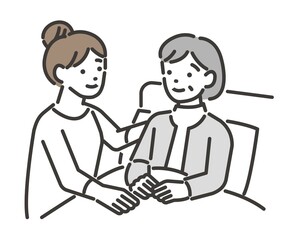 シニアを介護する若い女性のベクターイラスト素材／車椅子／高齢者／福祉士