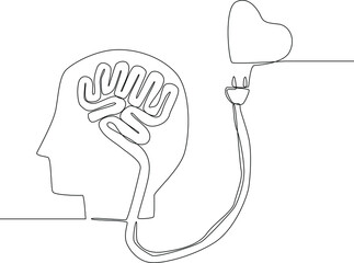 Continuous line drawing of brain and hear are connected by wire. Symbol medicine. Vector illustration.