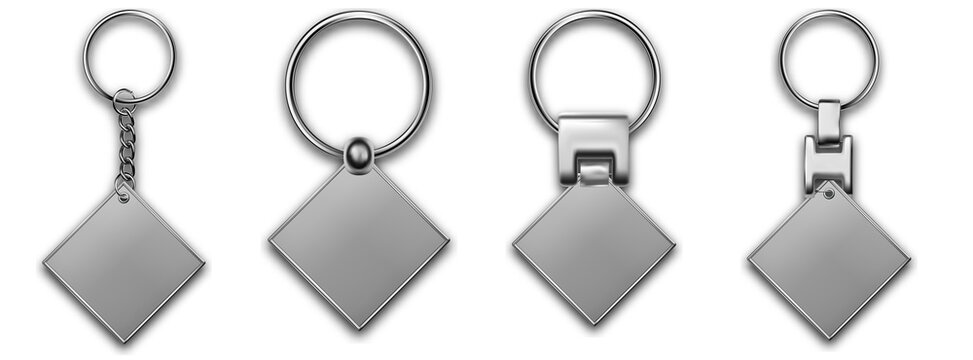 Metal keyring in diamond shape , leather keychain, holder trinket for key with metal ring. Silver colored accessories. Realistic template metal keychain set. Blank accessory for corporate identity.