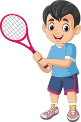 Obraz na płótnie Canvas Cartoon little boy playing tennis
