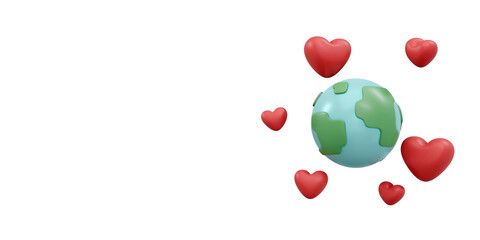 3D Rendering of earth and heart icon concept of earth and environment day background, banner, card, poster. 3D Render illustration cartoon style.