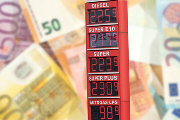 Euro Geldscheine, Tankstelle und hohe Preise für Kraftstoffe in Deutschland - obrazy, fototapety, plakaty