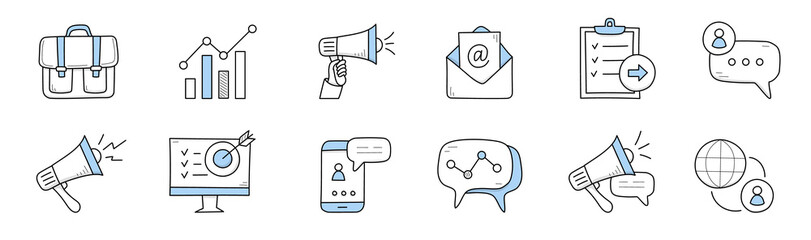 Digital marketing, business online advertising campaign icons. Vector doodle set of symbols of market strategy in internet and social media with megaphone, mobile phone, graph, target and briefcase - obrazy, fototapety, plakaty