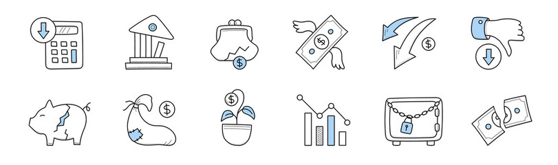 Financial crisis icons. Concept of decrease economy, bankruptcy, poverty. Vector doodle signs with broken piggy bank, cut money, down graph, destroyed bank and safe with lock © klyaksun