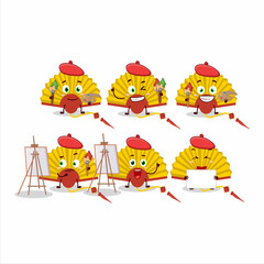 Artistic Artist of yellow chinese fan cartoon character painting with a brush