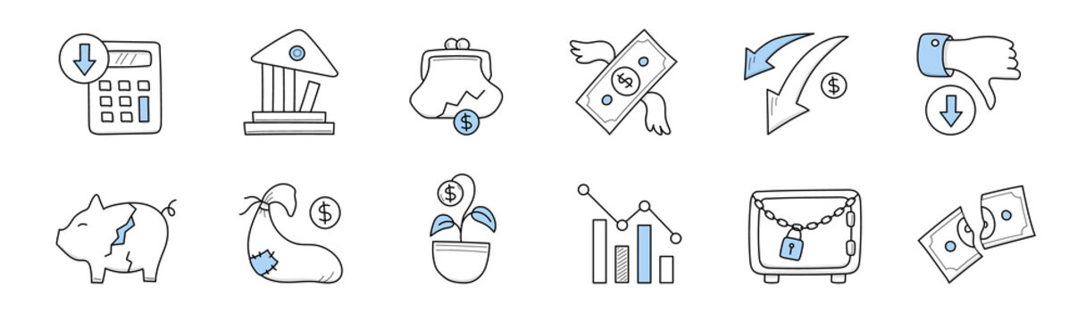 Financial Crisis Icons. Concept Of Decrease Economy, Bankruptcy, Poverty. Vector Doodle Signs With Broken Piggy Bank, Cut Money, Down Graph, Destroyed Bank And Safe With Lock