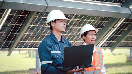 Engineers take investors on a tour of solar power plants. solar panels are an alternative...