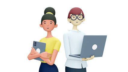 3D illustration of cute smiling people with laptop, isolated on white background. Cartoon falling relaxing businessman, freelancer using social networks, online working. Workplace concept.