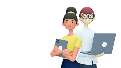 3D illustration of cute smiling people with laptop, isolated on white background. Cartoon falling relaxing businessman, freelancer using social networks, online working. Workplace concept.