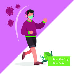 Runner man wearing mask while running outdoor in covid-19 pandemic outbreak. Wear a face mask when you're running in an area where social distancing is hard to maintain.