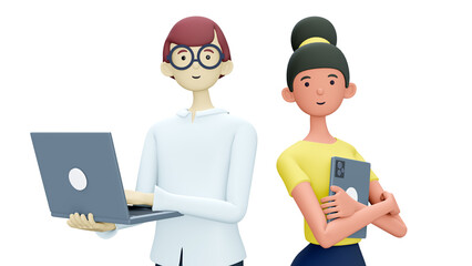 3D illustration of cute smiling people with laptop, isolated on white background. Cartoon falling relaxing businessman, freelancer using social networks, online working. Workplace concept.