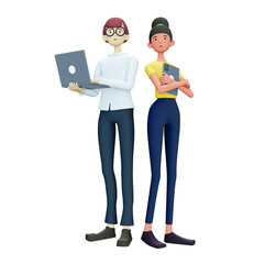 3D illustration of cute smiling people with laptop, isolated on white background. Cartoon falling relaxing businessman, freelancer using social networks, online working. Workplace concept.