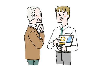 タブレットを見ながら説明を受けるシニア男性　コミカルな手書きの人物　ベクター、線画にシンプルな色つけ