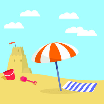Beautiful beach with umbrellas, mats and sandcastles during the day. Vector illustration.