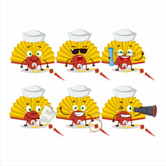 A character image design of yellow chinese fan as a ship captain with binocular
