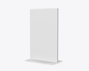 Plastic and acrylic table talker, promotional upright menu table tent sign holder, table menu card display stand picture frame for mock up and template design. 3d render illustration.