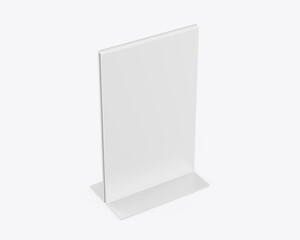 Plastic and acrylic table talker, promotional upright menu table tent sign holder, table menu card display stand picture frame for mock up and template design. 3d render illustration.