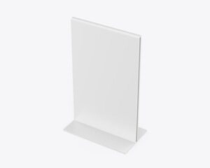 Plastic and acrylic table talker, promotional upright menu table tent sign holder, table menu card display stand picture frame for mock up and template design. 3d render illustration.