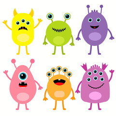 Monster colorful round silhouette icon super big set line. Eyes, tongue, tooth fang, hands up. Cute cartoon scary funny baby character.White background