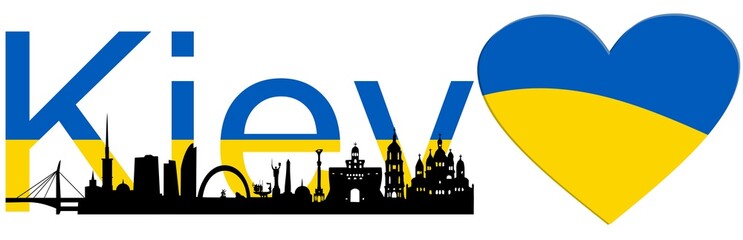 Panorama of Kiev and heart symbol and inscription Kiev in the colors of Ukraine.