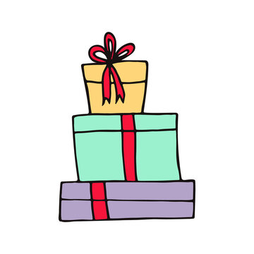 recommend clip art: stack of gift boxes with ribbons hand drawn in doodle style. vector, line art, nordic, scandinavian. icon, sticker. print, poster, card. holiday, christmas, new year, birthday, anniversary