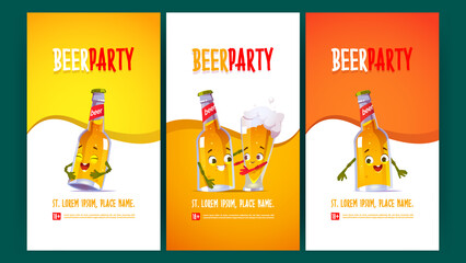 Beer party flyers with funny bottle and glass characters. Vector posters of event with brewery drinks in pub, bar of restaurant with cartoon illustration of cute lager pint hug with mug of beer