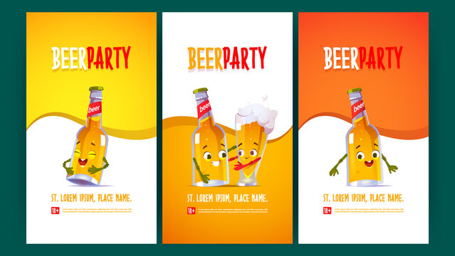 Beer party flyers with funny bottle and glass characters. Vector posters of event with brewery drinks in pub, bar of restaurant with cartoon illustration of cute lager pint hug with mug of beer