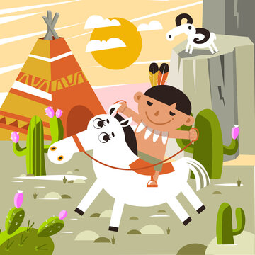 Funny red Indian boy rides horse. Cute cartoon character. Vector illustration for children games, design of books, puzzles.
