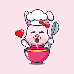 cute bunny chef mascot cartoon character with soup
