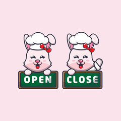 cute bunny chef mascot cartoon character with open and close board
