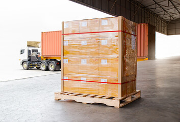 Packaging Boxes Wrapped Plastic on Pallets Loading into Shipping Cargo Container. Delivery Trucks...