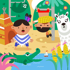 Funny Indian boys play with alpacas near pond. Cute cartoon character. Vector illustration for children games, design of books, puzzles.