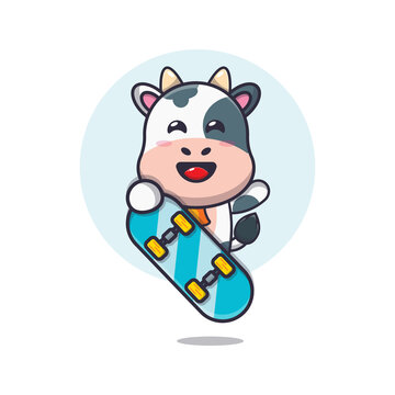 cute cow mascot cartoon character with skateboard