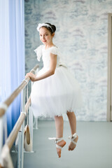 A beautiful girl ballerina in a white dress is engaged at the stonk. She's in a dance studio....
