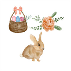 Watercolor clipart for Easter, Easter watercolor elements, bunny, egg basket