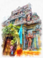 ancient hindu temple colorful indian architecture watercolor style illustration impressionist painting.