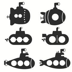 Set of black submarines on white background. Vector illustration