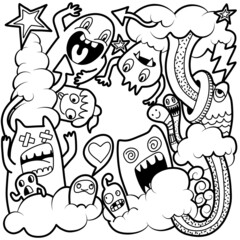 Hand-drawn illustrations, monsters doodle, Hand Drawn cartoon monster illustration,Cartoon crowd doodle hand-drawn Doodle style.