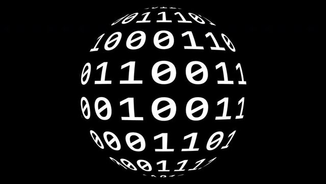 Loopable: Sharp white binary digital code on spherical surface abstract background with randomly changing zeros and ones isolated on black.