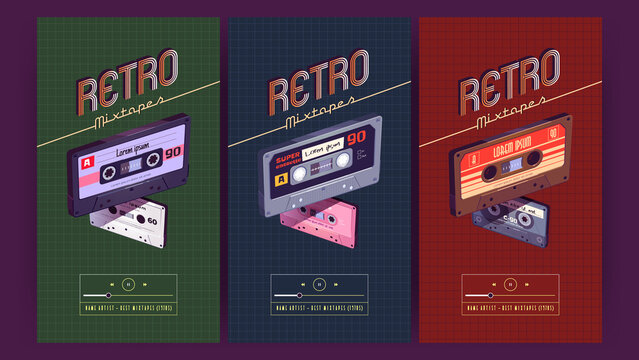 Retro mixtapes posters with old audio cassettes. Vector vertical ad banners with flat illustration of vintage audio tapes, stereo cassettes with pop and rock music of 80s and 90s