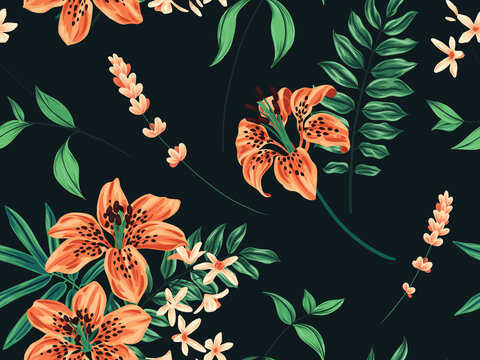 Seamless Pattern With Exotic Plants, Tropical Flowers, Lily Buds, Various Leaves. Hand Drawn Floral Print, Summer Botanical Background In Vintage Style. Vector Illustration.