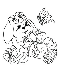 Easter Bunny with a playful butterfly, black and white vector cartoon illustration