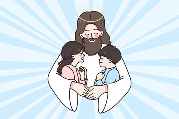 Jesus Christ hug cuddle small kids give love and care. Attentive father lord embrace little children share good emotions and help. Faith and religion concept. Flat vector illustration. 