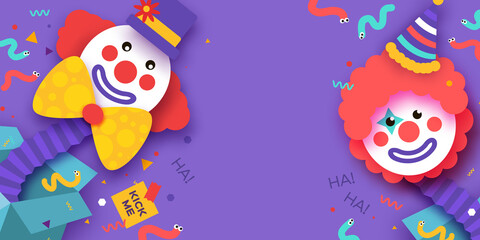 April Fools Day with Clown Character in paper cut style. April 1 party. Present joke box. Fools' Day Poster. Funny spring holiday. - obrazy, fototapety, plakaty