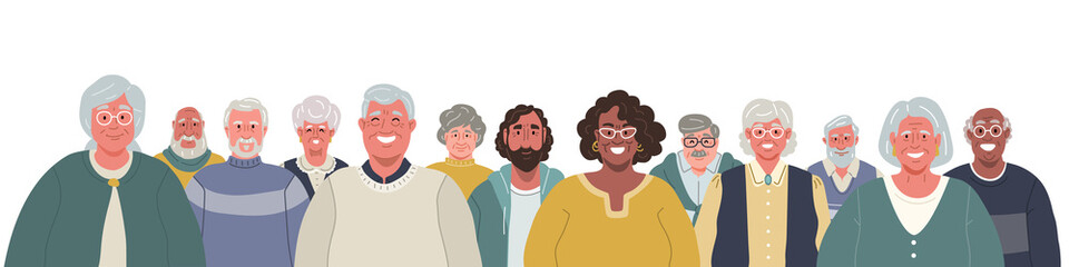 Group of diverse smiling elderly people.Vector flat illustration.