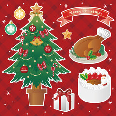 クリスマス　クリスマスツリー　ローストチキン　料理　ケーキ　プレゼント　イラスト　白フチ　セット
