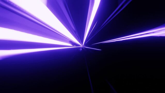 Rotating neon glowing white and blue violet beam rays random pulsating from the center on black background. 3d motion graphic