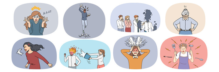 Bundle of overwhelmed mad people show rage and fury unable to control emotions. Set of unhappy angry men and women feel furious suffer from stress shout and yell. Vector illustration. 